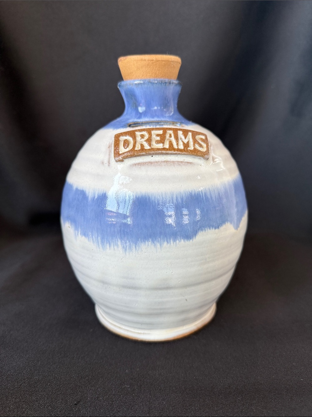 Vintage sunrise pottery Blue and White 'Dreams' Ceramic coin bank Jar